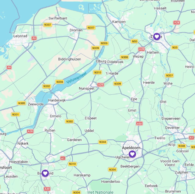 Kaart met de locaties van Blended Family: Barneveld, Apeldoorn en regio Zwolle